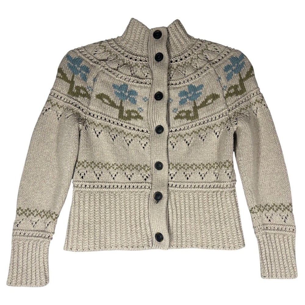 LL Bean Signature Cotton Fisherman Cardigan Sweater Sz XSPetite Floral Fair Isle
